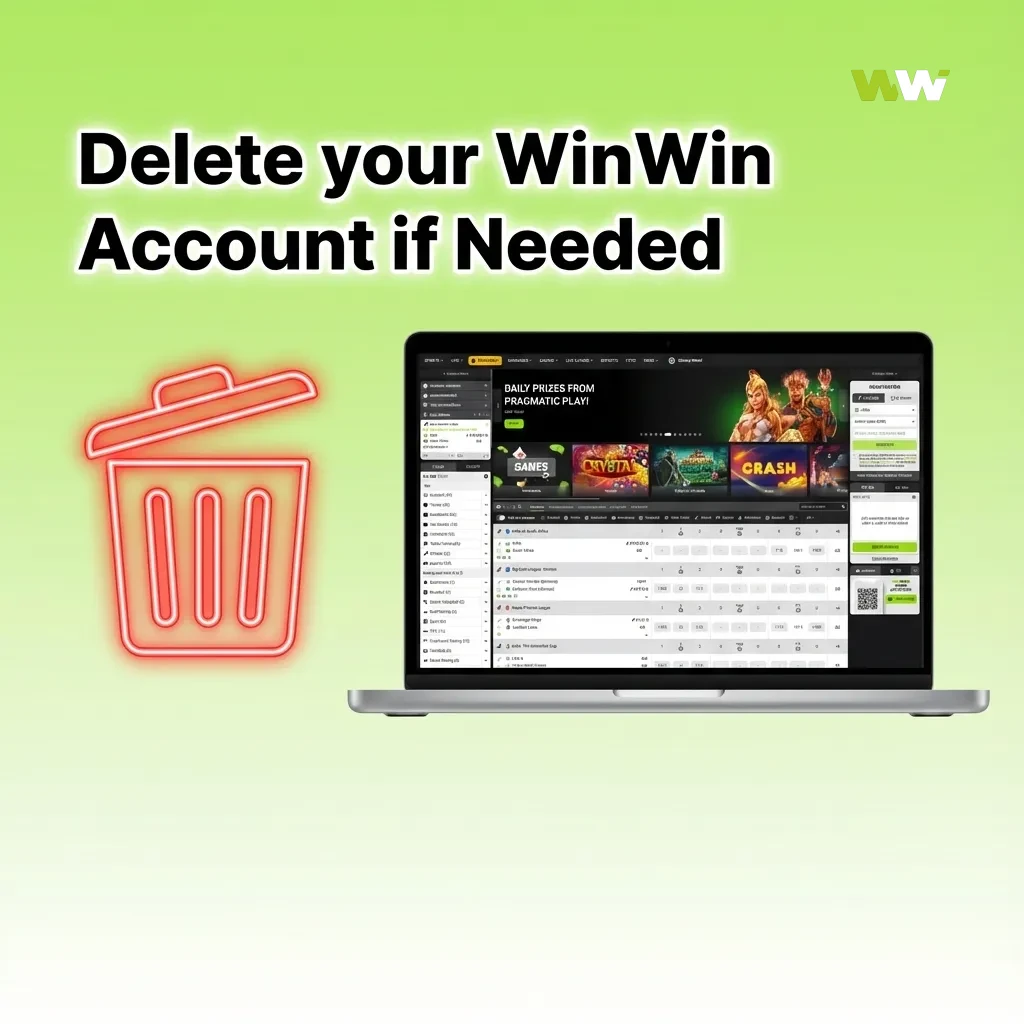 Illustration of a user deleting a WinWin gambling account, contacting support, and confirming closure on a laptop screen