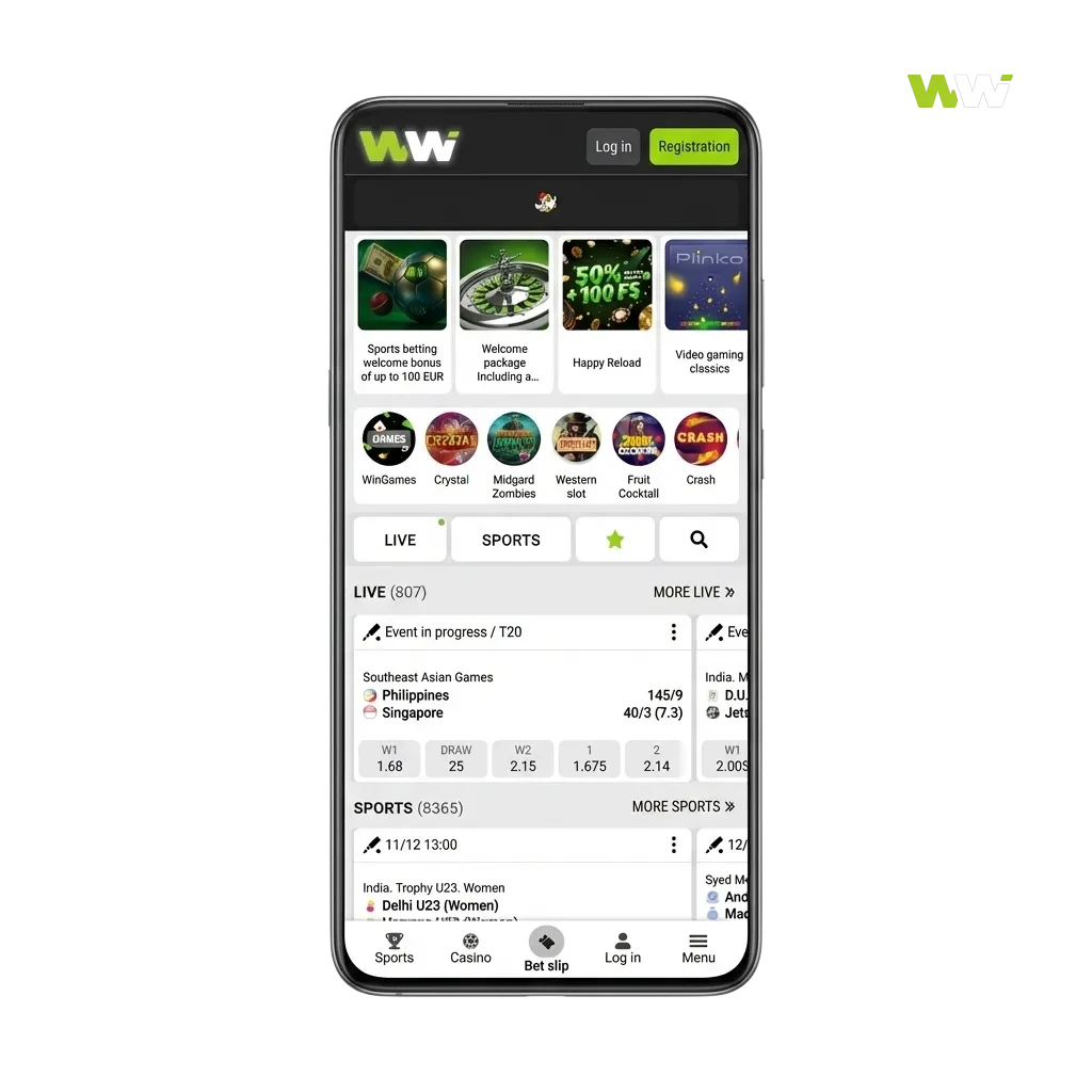Smartphone screen showing WinWin betting app with Bangla interface, bonuses, payments and download buttons for Android and iOS