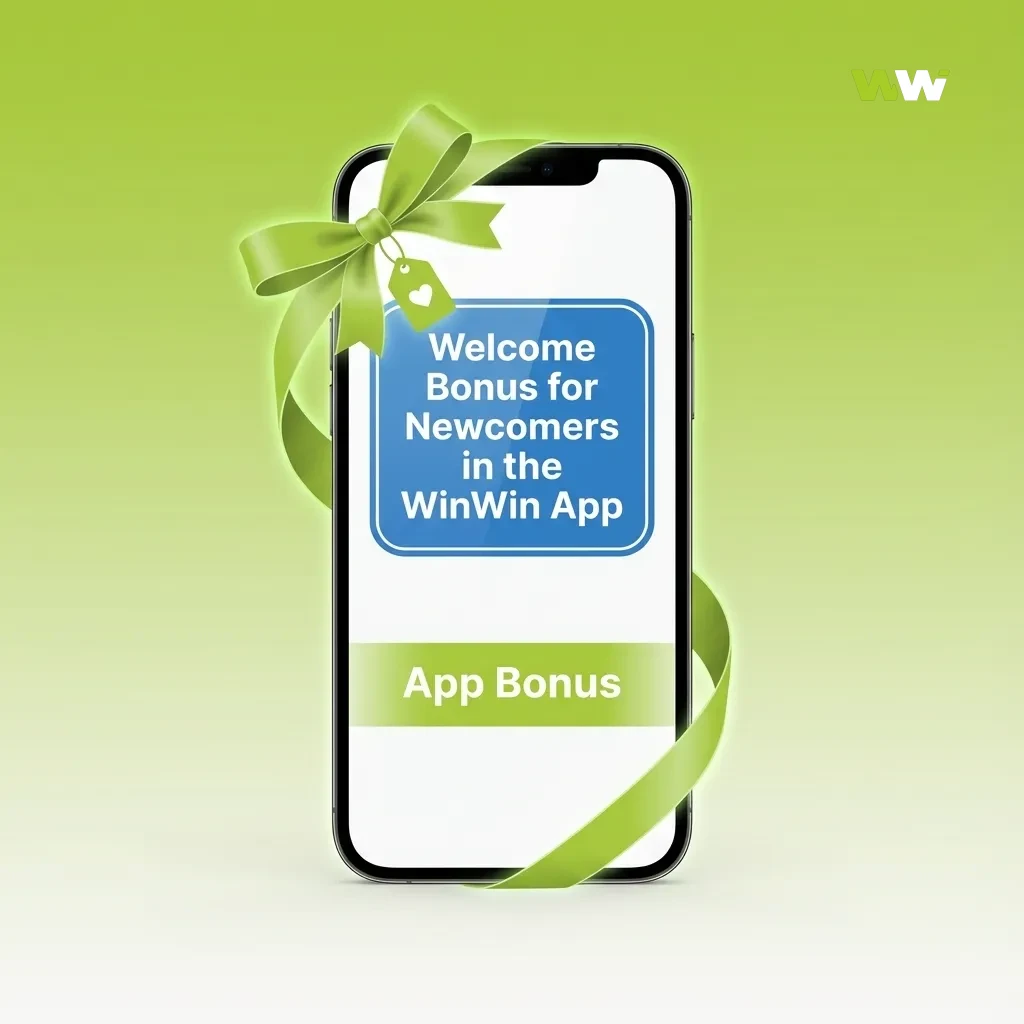 Phone screen showing WinWin app welcome bonus choice between sports 100% and casino 200% + free spins for new users