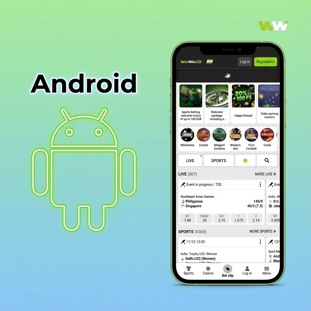 Smartphone screen showing WinWin Android betting app with sports, live casino, slots, and one‑hand betting interface