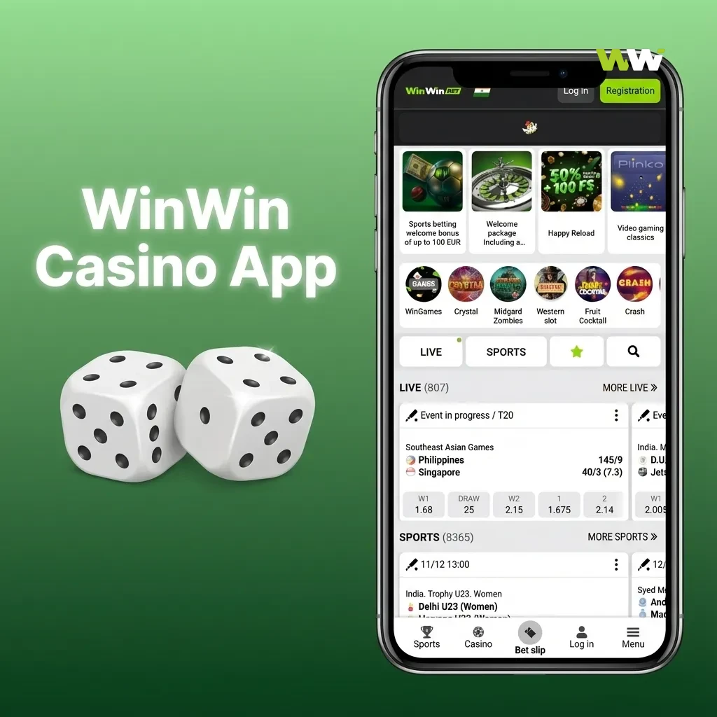 Smartphone screen showing WinWin Casino app with slots, live casino tables, and sports betting tabs visible