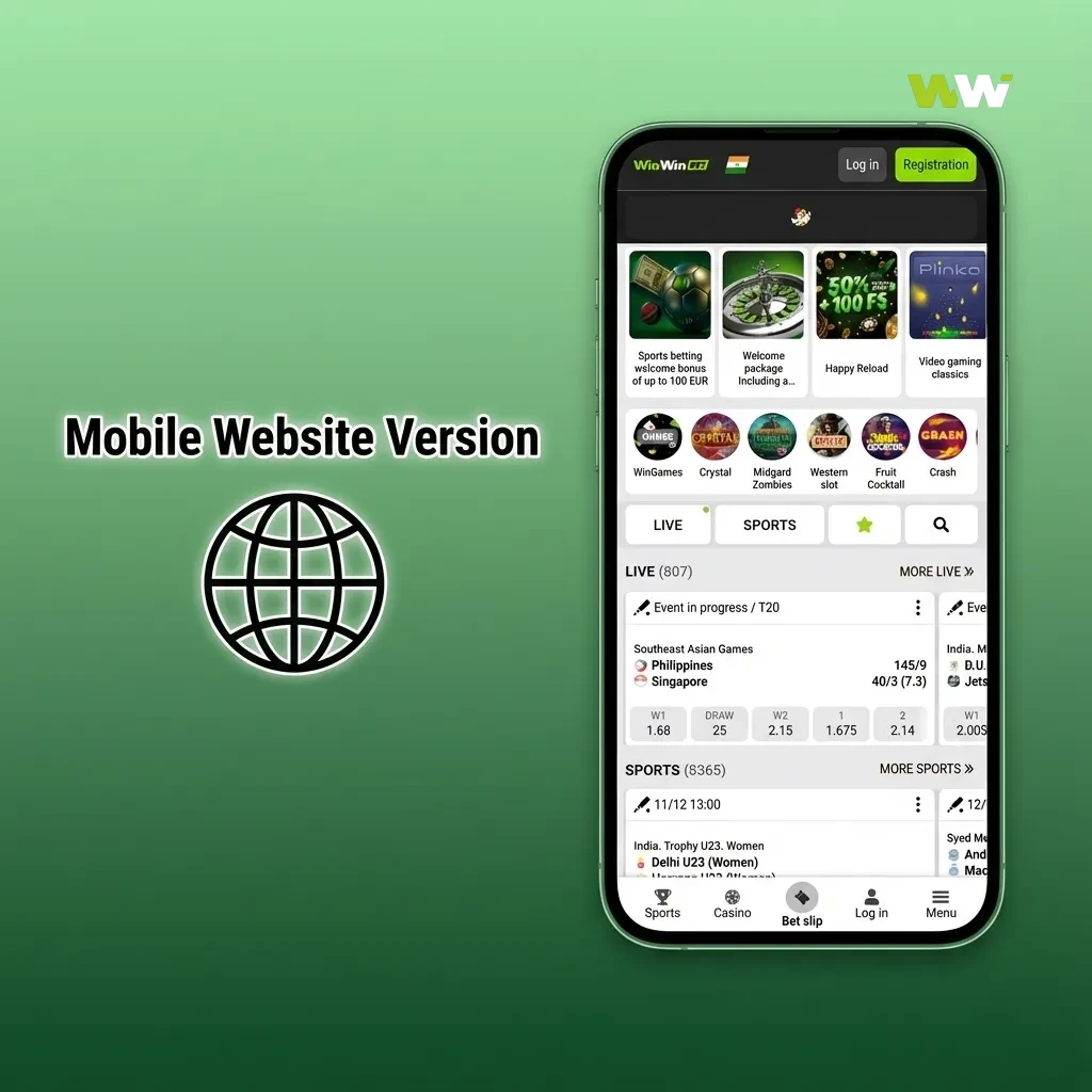 Smartphone displaying the WinWin mobile website with sports betting, casino games, and account tools in a browser interface