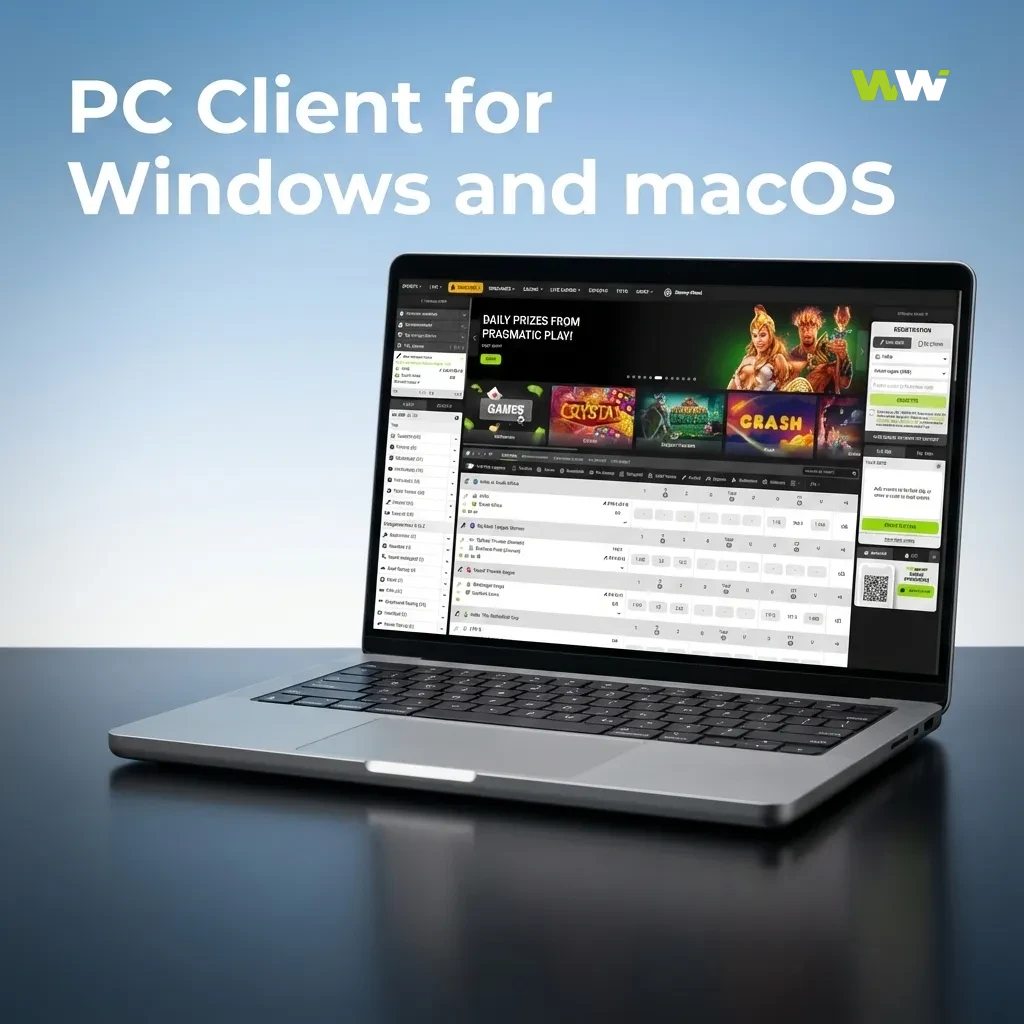 WinWin online casino shown in a browser window on a desktop computer, emphasizing no separate PC client needed